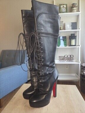 Authentic Christian Louboutin Black Leather Lace-Up Platform Boots - Size 38.5